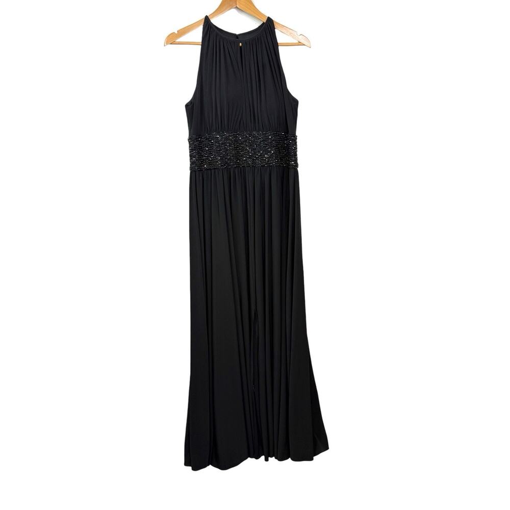 JS Boutique Sz 10 Black Gown Drapes Keyhole Halter Neckline Beaded Waist‎ Slit